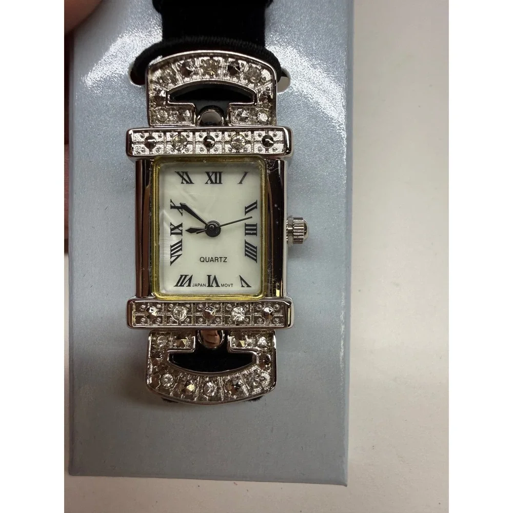 Avon Vintage Rhinestone Accent Watch Silver Tone Black Velvet Strap 2002 NIB
